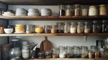Open shelving in a kitchen with neatly organized jars and ceramic plates