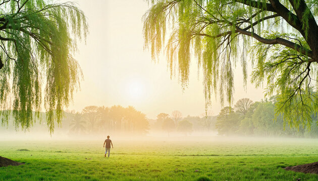 Distant figure walking in misty morning forest clearing, serene nature