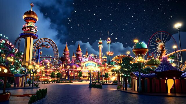 Nighttime Fantasy Amusement Park: A Whimsical Digital Render