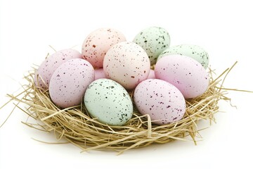 Fototapeta premium Speckled pastel eggs arranged in a straw nest on a white background, creating a natural and festive composition. The soft colors and organic textures enhance the delicate and rustic charm