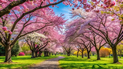 Naklejka premium Colorful sakura flowers and trees bloom in a park on a warm spring day amidst lush greenery , verdant surroundings, blooming sakura