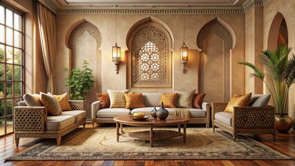 A warm and inviting Moroccan-inspired interior with beige-toned walls, plush area rugs, and comfortable seating arranged around a low coffee table, moroccan decor, cozy living room