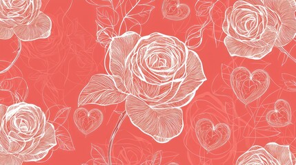 Floral pattern featuring roses and hearts on coral.