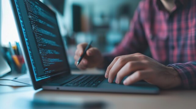 Person working on laptop computer in modern office space with programming code on screen and writing notes