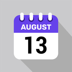 calendar 13 august icon vector for the days of the month and the week on a light background