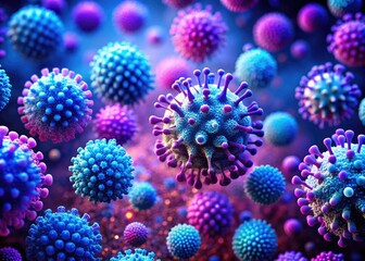 Microscopic purple-blue viruses, aerial view; floating particles, close-up medical imagery.  Science background.