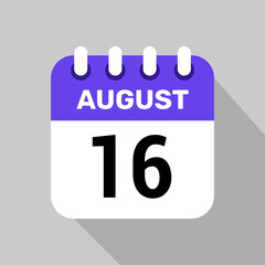 calendar 16 august icon vector for the days of the month and the week on a light background