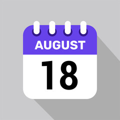 calendar 18 august icon vector for the days of the month and the week on a light background