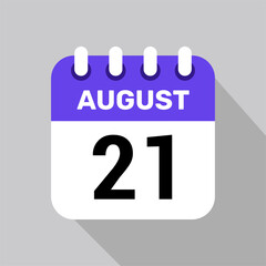calendar 21 august icon vector for the days of the month and the week on a light background