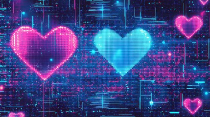Digital hearts in vibrant colors and patterns.