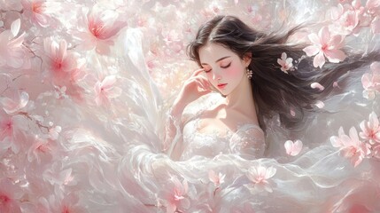Tender cartoon-style girl standing in a swirl of pale pink blossoms. Tranquil garden, soft beauty.