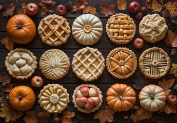 Fototapeta premium Assorted Decorative Pies and Pumpkins Surrounded by Autumn Leaves and Red Apples on Wooden Table in Cozy Fall Setting