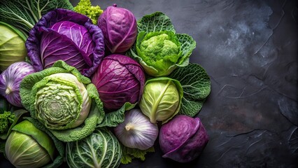 Assorted cabbages in various shades of purple