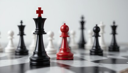 A board with black and white chess pieces makes a red chess queen stand out.