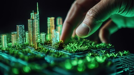 Obraz premium Hand Touching 3D Model of Sustainable City with Green Plants and Skyscrapers at Night