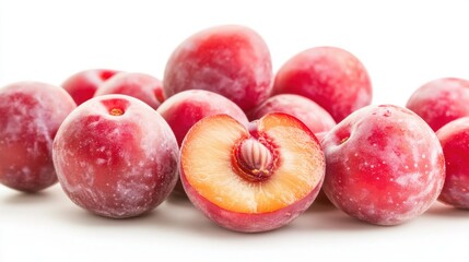 Fresh red plums with sliced half showing pit against white background