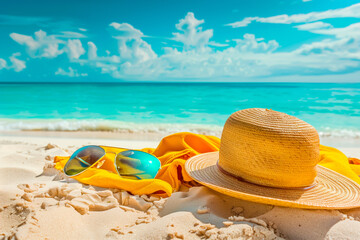Tropical beach with sunbathing accessories, summer holiday background