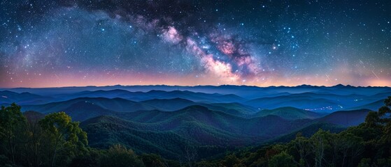 Serene Night Sky: Star Trails Dance Above Majestic Forested Mountain Range Creating Stunning Astronomy Scene