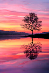 Serene Lakeside Sunset with Silhouetted Tree: Perfect Template for Nature and Travel Enthusiasts