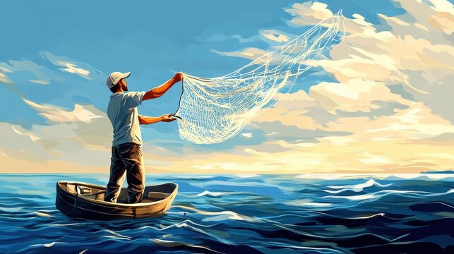 Fisherman's Golden Hour: A lone fisherman casts his net into the vast ocean under a breathtaking sunset sky, a solitary figure silhouetted against the vibrant colors of the twilight.  