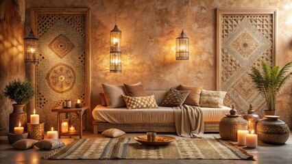 Fototapeta premium Warm beige walls adorned with intricate geometric patterns and plush Moroccan textiles, surrounded by soft candlelight and inviting natural fabrics , textiles, home