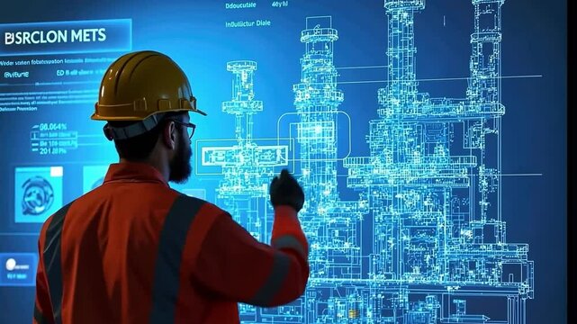 Industrial Digital Twin: A male industrial worker wearing a safety helmet interacts with a large digital twin interface, showcasing a detailed 3D model of an industrial plant.