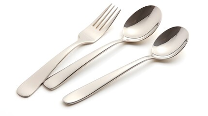 Stainless Steel Cutlery Set Consisting of Knife Fork and Spoon Arranged on a Clean Minimalist White Background  Elegant Metallic Flatware Perfect for Dining Cooking and Food