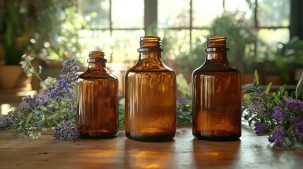 Lavender essential oil bottles on wooden table, sunlit greenhouse background; wellness product photography