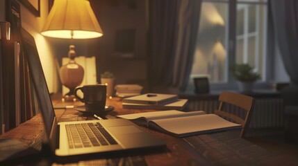 Modern Study Desk with Open Laptop and Notebook for Productive Work Environment at Home or Office