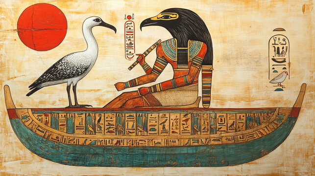 Ancient Egypt sun god Ra or Horus in wooden boat cartoon vector illustration. Egyptian culture religious symbol, ancient god-falcon in night or day boat, sacred ibis bird, isolated on white background