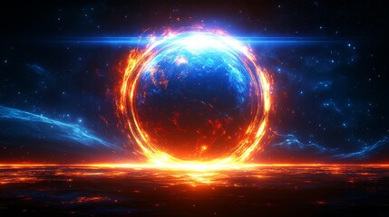 Fiery Celestial Ring Encircling a Cosmic Orb in a Nebula Background