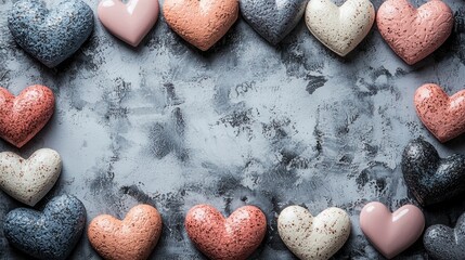 Colorful heart-shaped chocolates on a textured surface.