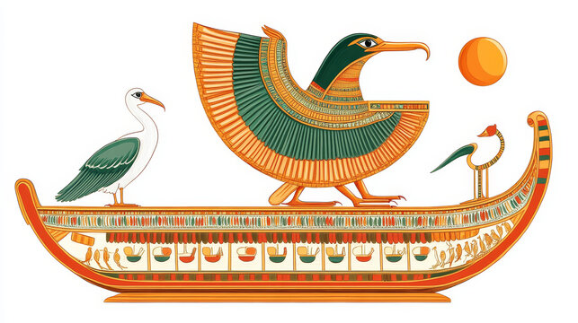 Ancient Egypt sun god Ra or Horus in wooden boat cartoon vector illustration. Egyptian culture religious symbol, ancient god-falcon in night or day boat, sacred ibis bird, isolated on white background