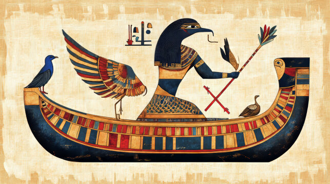 Ancient Egypt sun god Ra or Horus in wooden boat cartoon vector illustration. Egyptian culture religious symbol, ancient god-falcon in night or day boat, sacred ibis bird, isolated on white background