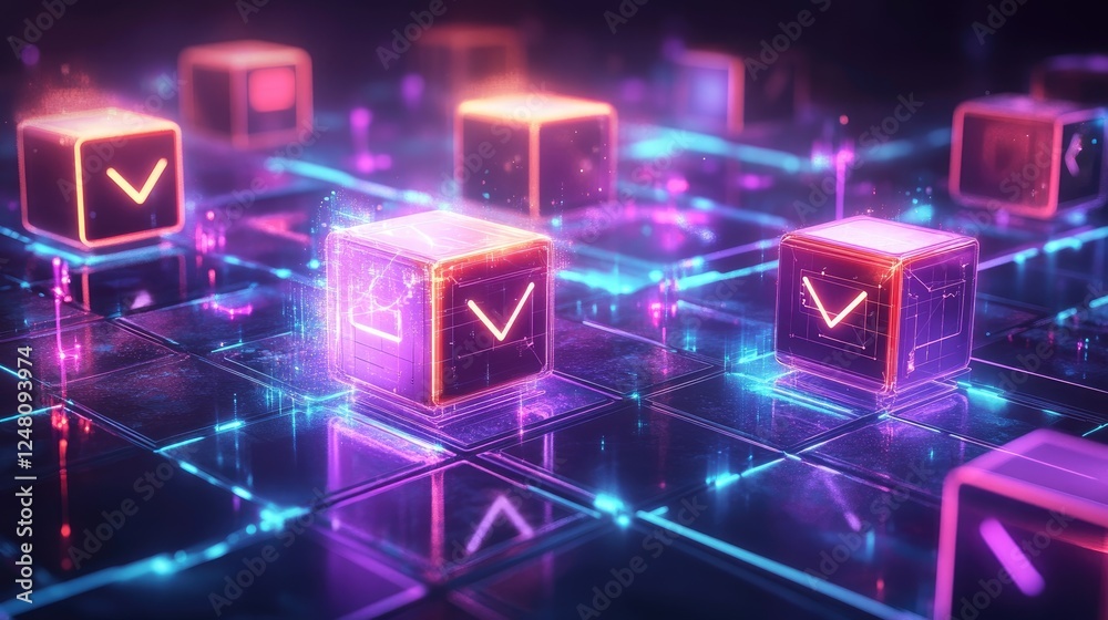 Poster a 3d cityscape made of glowing cubes, each representing a different startup, interconnected by lumin