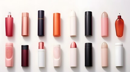 Obraz premium Neatly Organized Array of Travel Sized Cosmetic Bottles Displayed Symmetrically on a Clean White Surface Showcasing Minimalist Beauty Product Styling