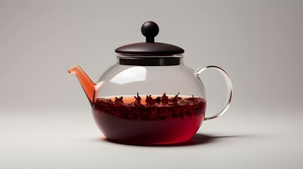 Elegant minimalist glass teapot filled with aromatic loose leaf tea displayed on a clean white background  This simple