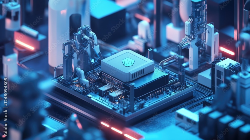 Poster A 5G router positioned strategically amidst machines and sensors, representing the infrastructure that allows seamless, real-time communication across IoT devices in industrial applications.
