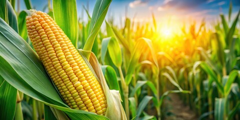Ear of Corn on the Cob in a Vibrant Green Cultivated Cornfield, golden kernels