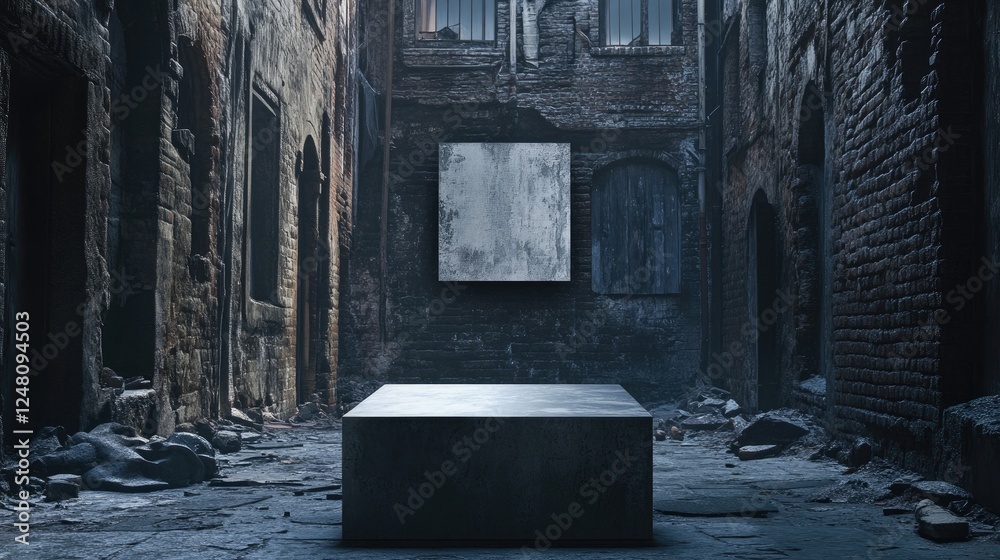Poster a backdrop of crumbling buildings and alleyways with a minimalist podium, ready for an empty showcas