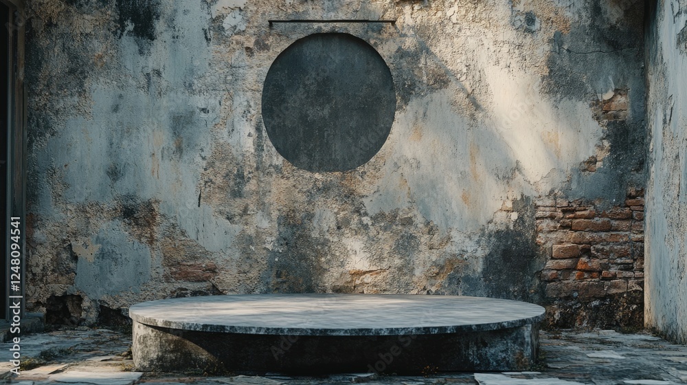 Poster a backdrop of crumbling buildings and alleyways with a minimalist podium, ready for an empty showcas