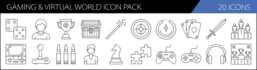 Gaming and Virtual World Icon Pack Collection - A set of 20 simple, line-style icons representing gaming, virtual worlds, and interactive elements for use in digital design.

