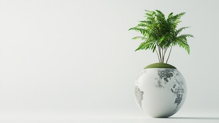 Earth Globe with Tree Growing on Top Surrounded by Green Leaves on White Background: Symbolizing Environmental Conservation