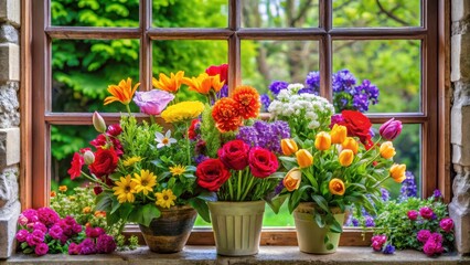 Vibrant flowers bloom in a lush arrangement within the window's frame, creating a visually striking display, nature, window