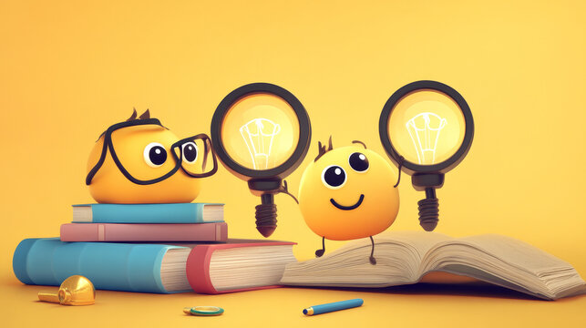 Idea posters with cute light bulb characters. Concept of one idea begets another, creative solution, inspiration. Vector banners with cartoon illustration of funny glowing lamp with book and magnifier
