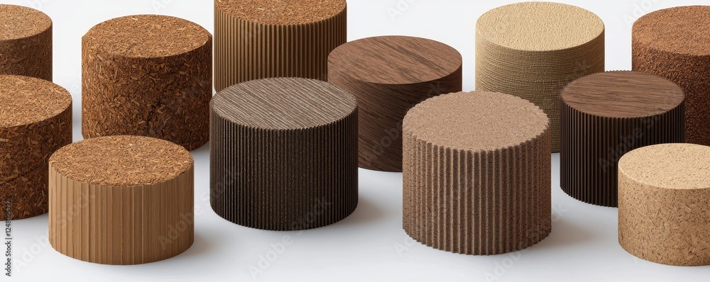 Poster assorted wooden cylinders in various shades and textures arranged on a light surface.