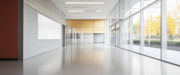 Fototapeta premium Modern hallway with large windows and minimalistic design in daytime light