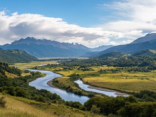 Obraz premium Serene river winding through lush green valley and mountain range under blue sky