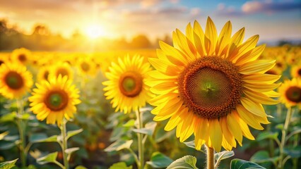 Fototapeta premium Bright yellow sunflowers standing tall in a field with a blurred sunny background, showcasing their vibrant petals and stately demeanor , flowers, bright yellow
