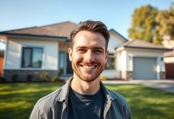 Fototapeta premium Happy male portrait in front of a private house